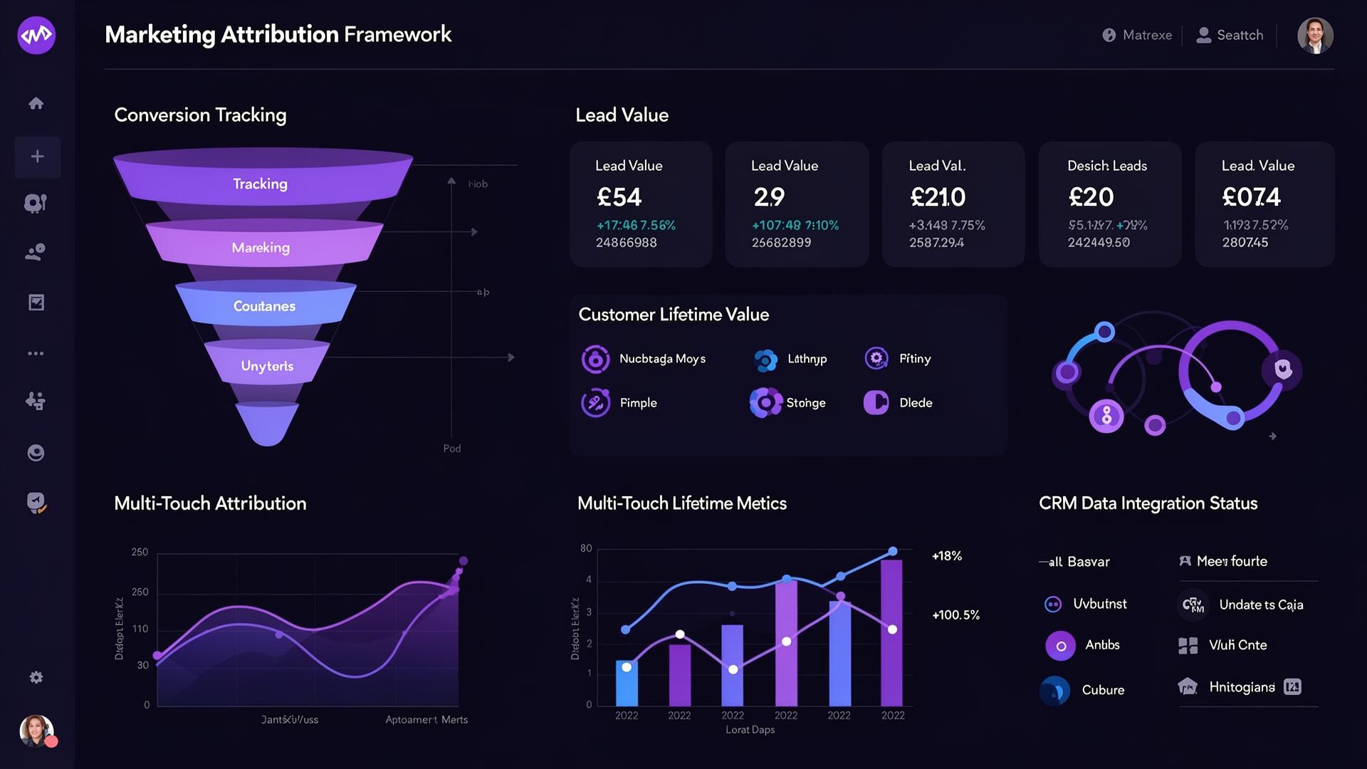 Marketing attribution framework dashboard showing conversion tracking funnel, lead values, customer lifetime value, and multi-touch attribution