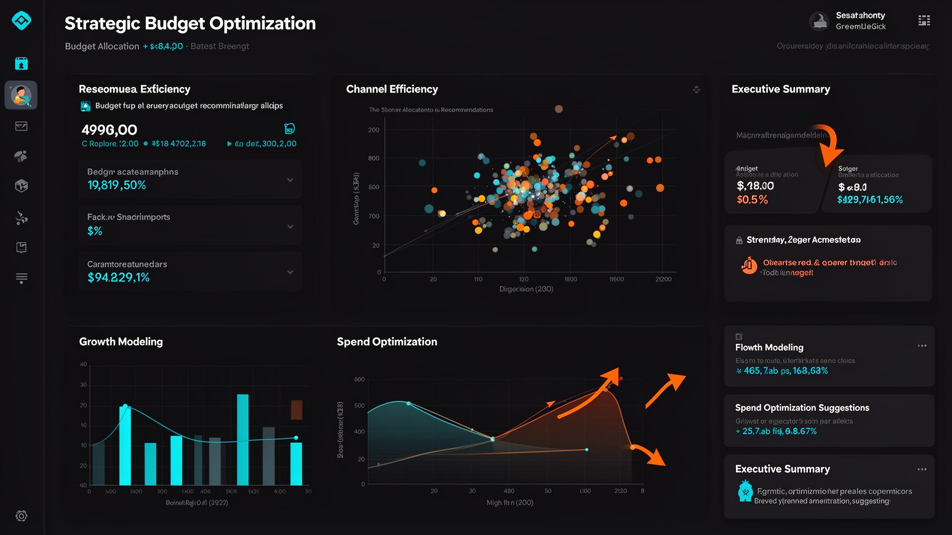 Strategic budget optimization dashboard showing channel efficiency, growth modeling, spend optimization suggestions, and executive summary