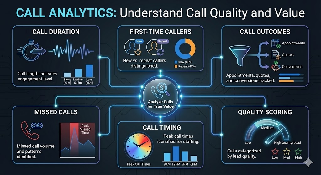 Call analytics infographic showing call duration, first-time callers, call outcomes, missed calls, call timing, and quality scoring