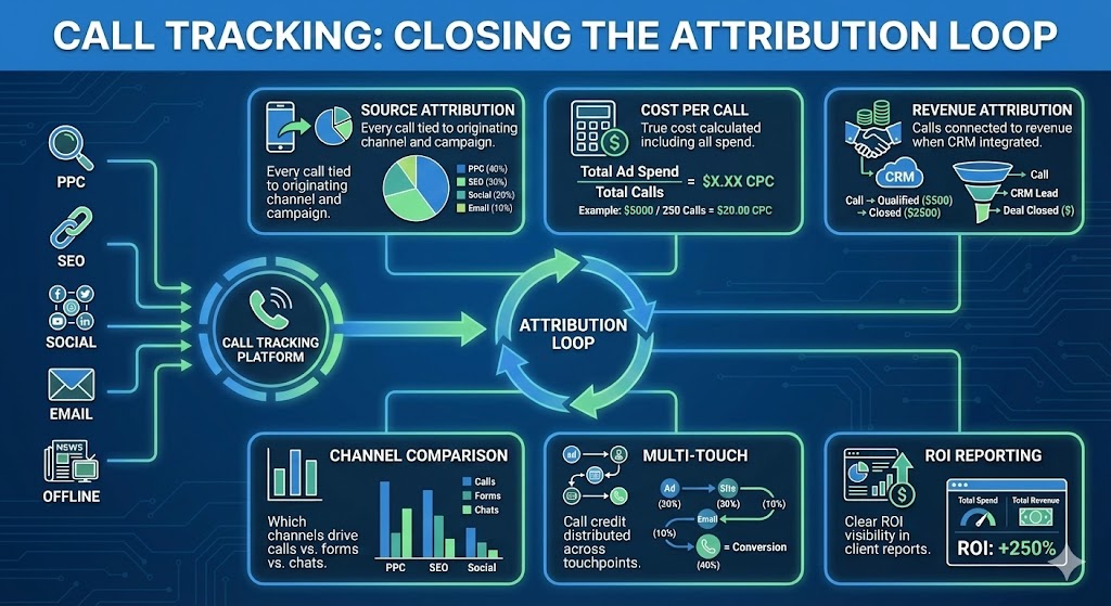 Call tracking attribution loop infographic showing source attribution, cost per call, revenue attribution, channel comparison, multi-touch, and ROI reporting