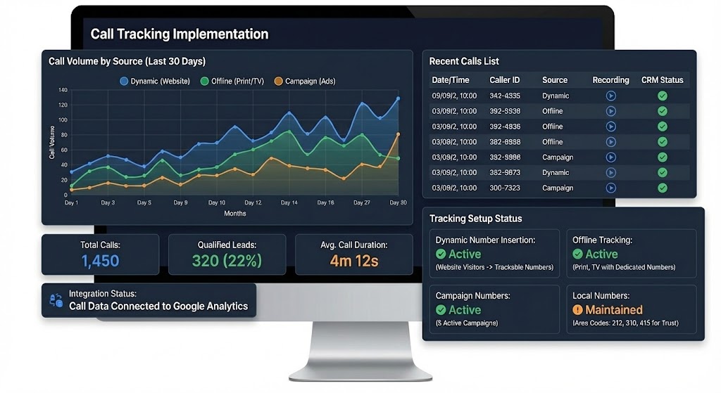 Call tracking implementation dashboard showing call volume by source, recent calls list, and tracking setup status