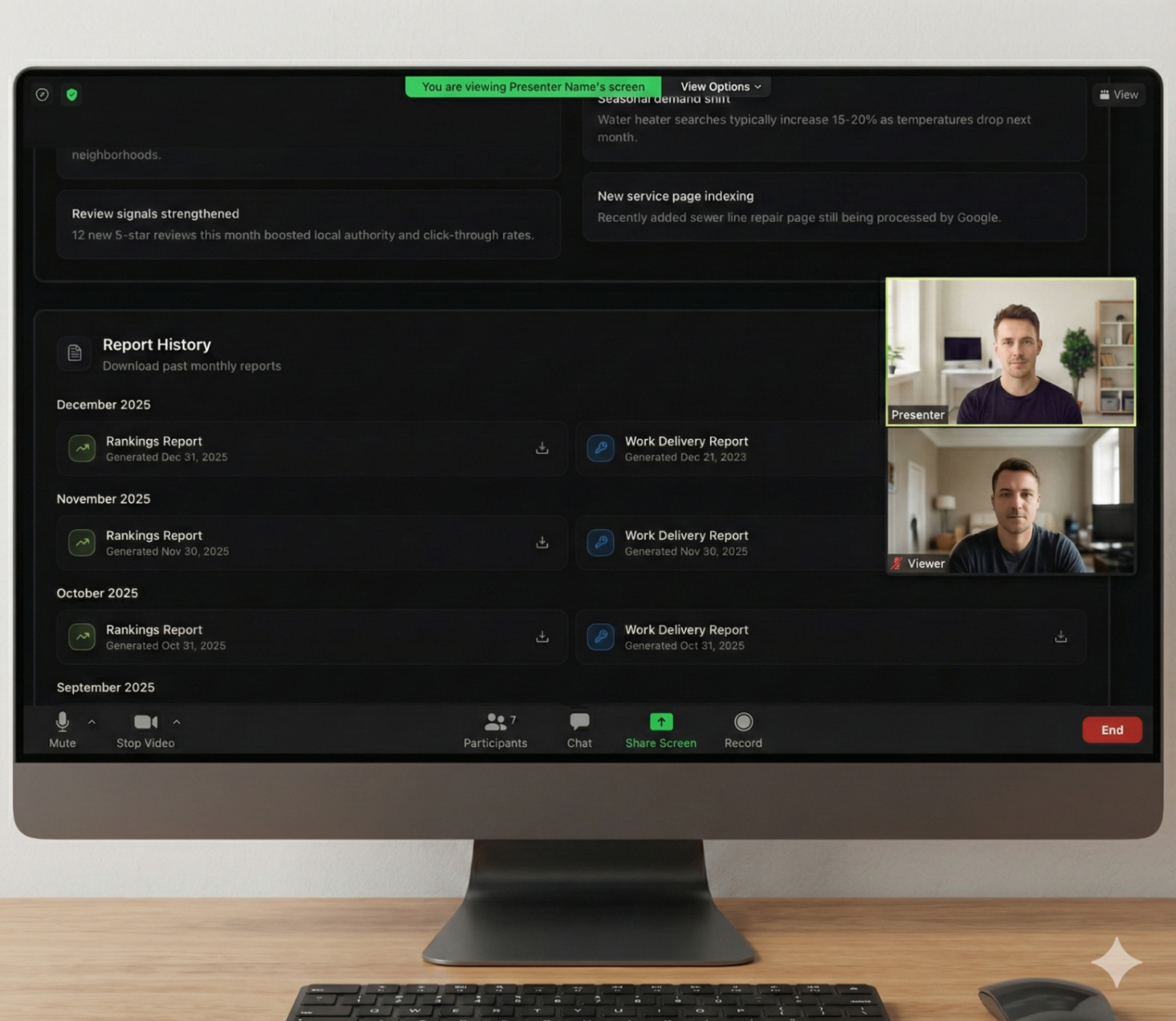 Agency presenting performance reports to client via video call with dashboard screen share