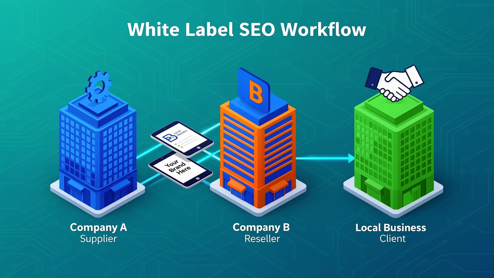 White Label SEO Workflow showing Supplier, Reseller, and Local Business Client relationship