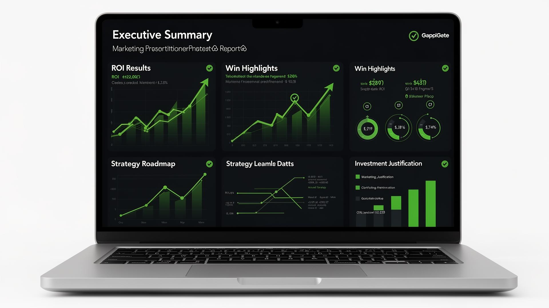 Executive summary presentation on laptop showing ROI results, win highlights, strategy roadmap, and investment justification