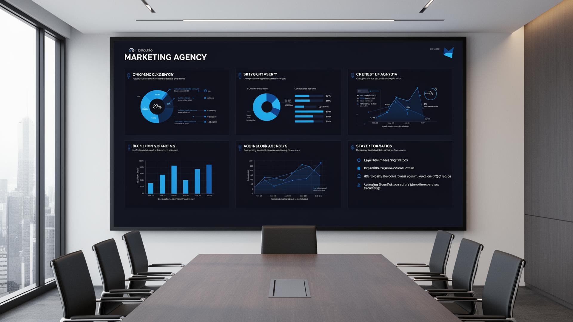 Marketing agency presentation slides on conference room screen showing data visualizations, charts, and branded design