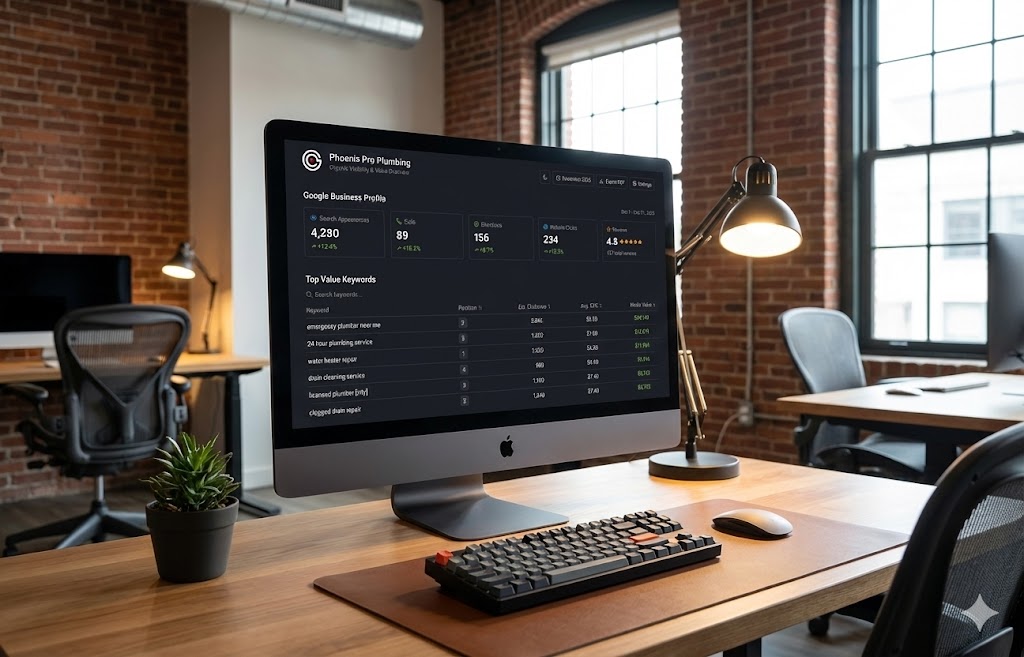 iMac displaying Google Business Profile dashboard with keyword rankings in modern office