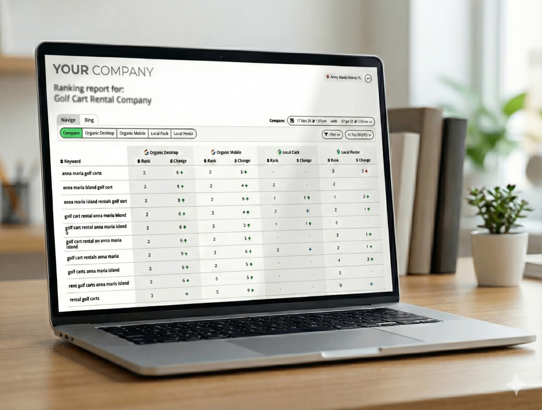 Laptop showing keyword ranking report with position tracking data