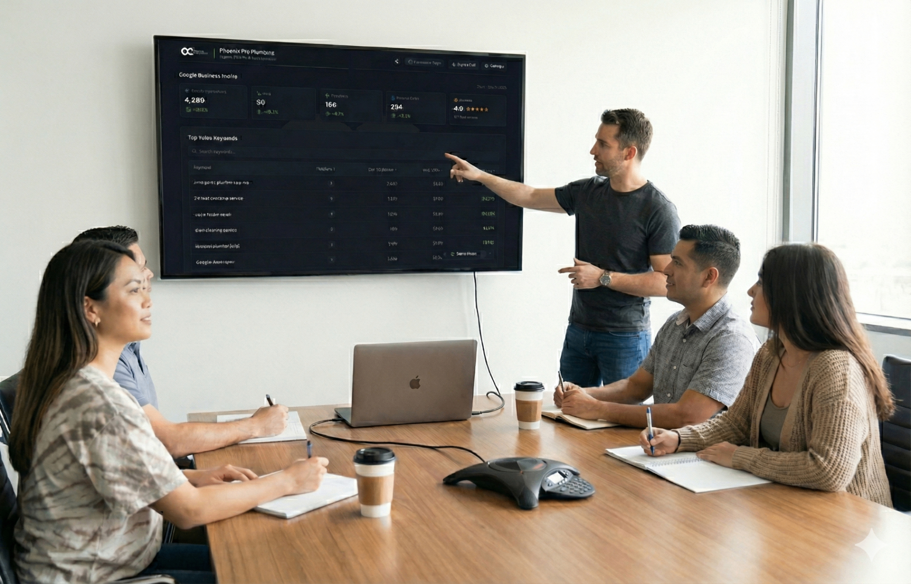 Team meeting reviewing ranking analytics dashboard on large display