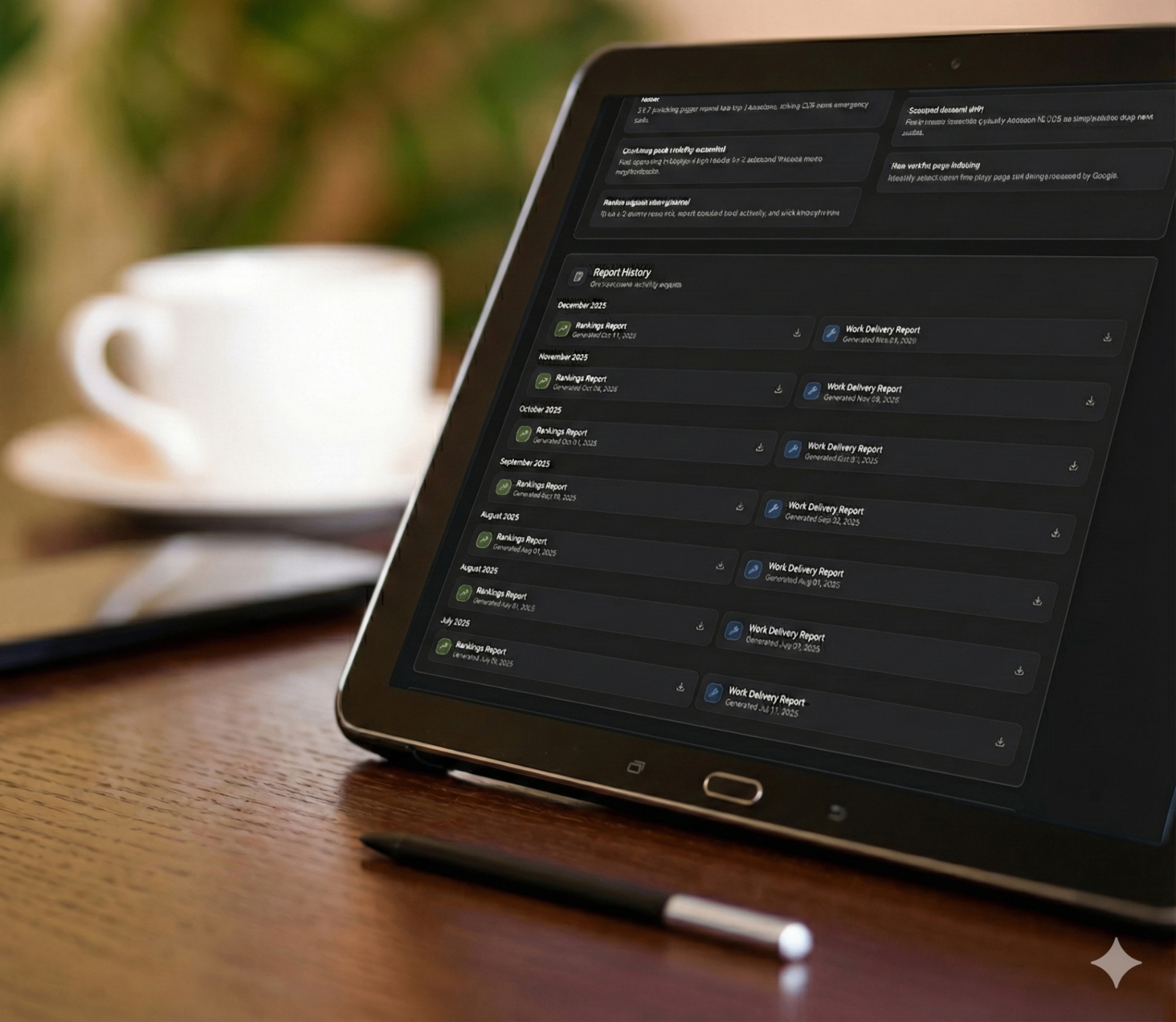 Tablet displaying report history dashboard with monthly rankings and work delivery reports
