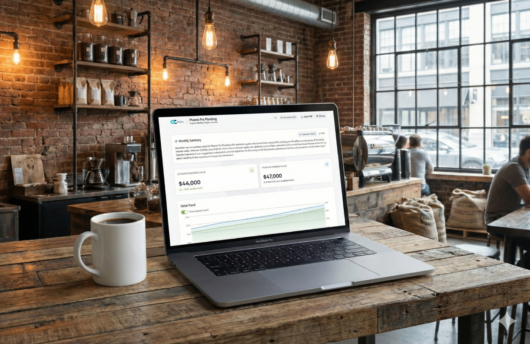 Laptop showing report customization dashboard with branding and configuration options