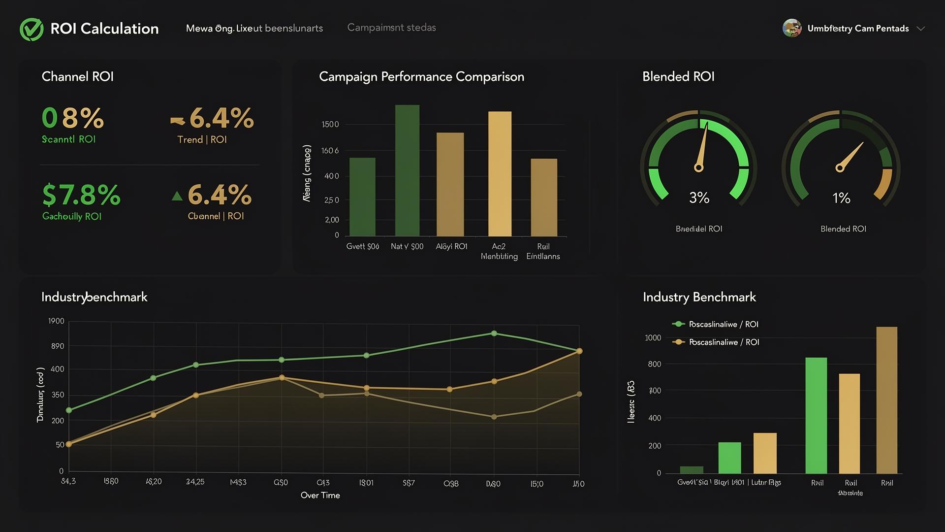 ROI calculation dashboard showing channel ROI, campaign performance comparison, blended ROI gauges, and industry benchmarks