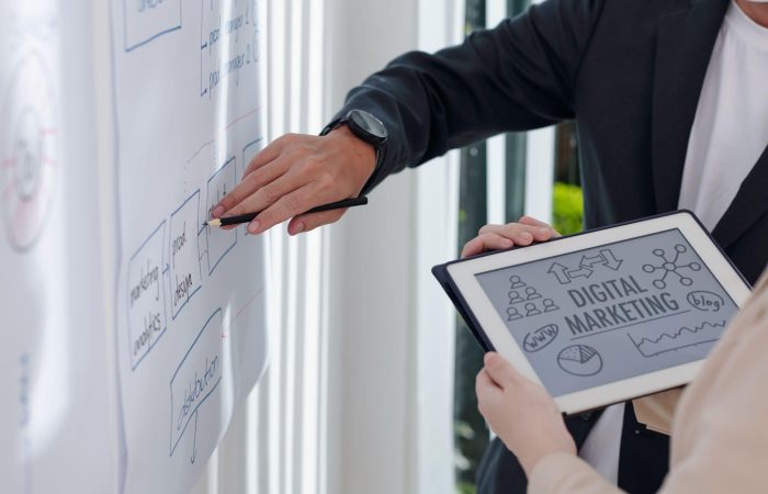 Team planning a campaign on a whiteboard while reviewing a “Digital Marketing” tablet, work led by a Digital Marketing Company in Dallas to build day-one visibility.